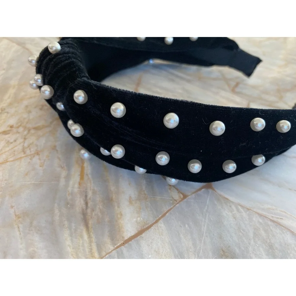 Black Velvet Faux Pearl Top Knot Headband Wide Statement Hair Accessory